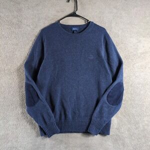 Facconable Mens Navy Blue 100%‎ Lambswool Crewneck Sweater Elbow Patches XL